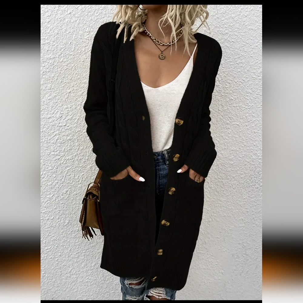 Women's Black Cable Knit Button Up Cardigan Sweater XL(14)